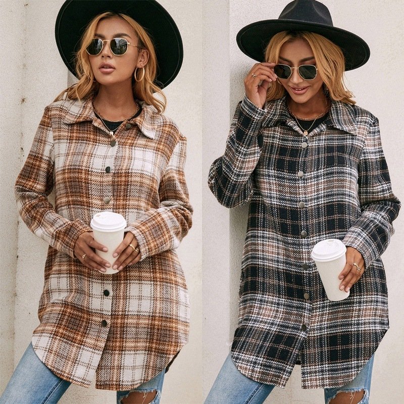 Jaqueta camisa xadrez feminina casual folgada e macia