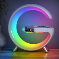 Lâmpada LED inteligente com altifalante Bluetooth, carregador sem fios, controlo por aplicação, ideal para decoração de quartos e casas. All in One