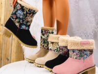 Botas de inverno em Portugal, tecido bordado com flores, estilo lusitano, salto quadrado grosso, interior de algodão quentes para o inverno, para mulher.